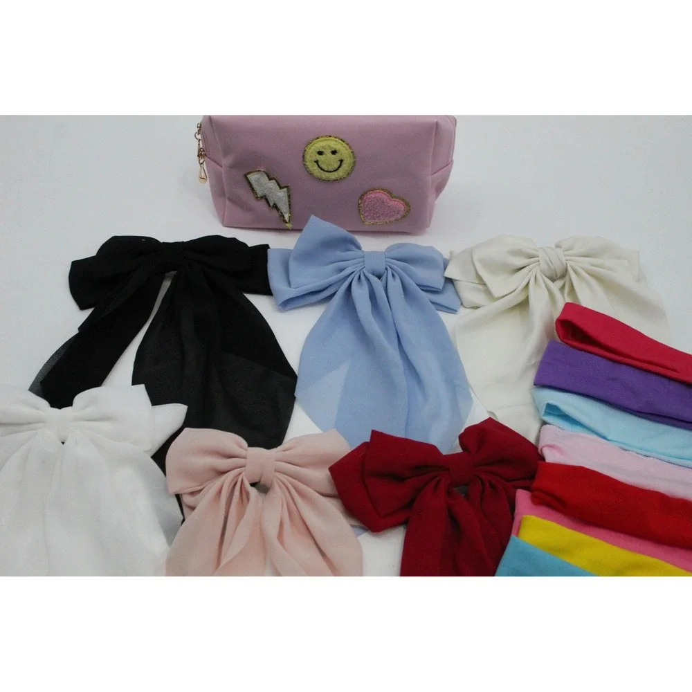 Handmade Kids Hair Accessory Set Large Chiffon Bows Headbands Pink Makeup Bag